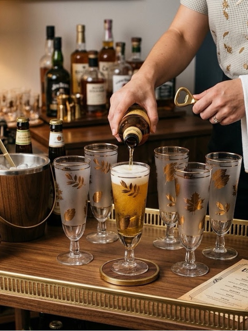 Vintage Libbey Gold Leaf Pilsner Glasses Golden Foliage Barware Set of 6 1950s